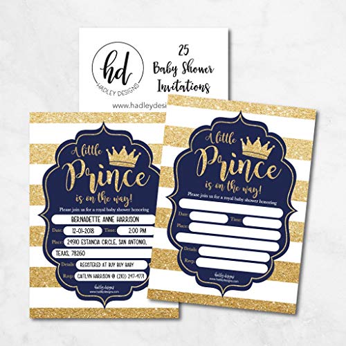 25 Little Prince Baby Shower Invitations, Navy & Gold Sprinkle Invite For Boy, Modern Gender Theme, Cute Printed Fill Or Write In Blank Printable Card, Vintage Unique Coed Party Stock Paper Supplies #TOP1