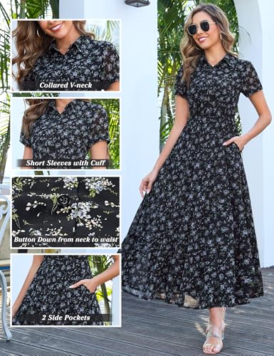 Image of Kranda Women 2026 Summer Collared V Neck Short Sleeve Button Down Chiffon Long Tiered Floral Maxi Dress with Pockets