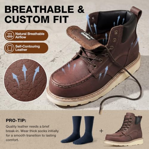 Image of NINGO Soft Toe Work Boots for Men, Moc Toe, Full-Grain Leather, EH Rated