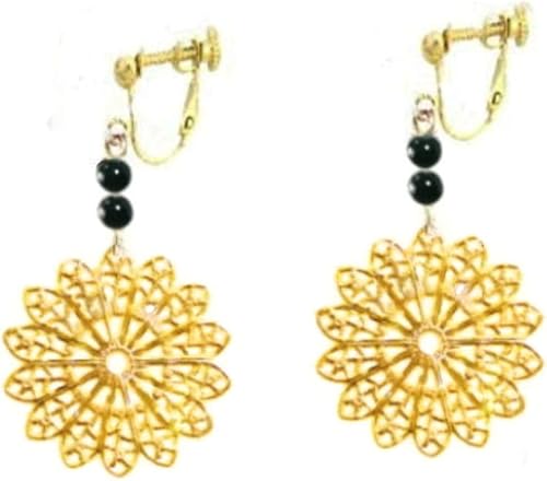 Amazon イヤリング ジュエリー 透かし 花 パーツ フラワー イアリング 大ぶり ビッグ Big レース プレート ゴールドトーン 揺れる ロング レディース ブラック オニキス イヤリング 通販