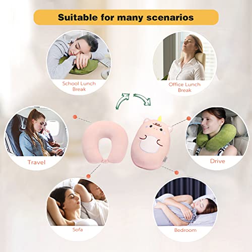 Image of Kids Travel Pillow - 2-in-1 Deformable Kids Neck Pillow for Traveling, Soft U-Shaped Pillow with Adorable Animal Design, Comfy Sleep and Play, Ideal for Airplanes and Cars - Pink Unicorn