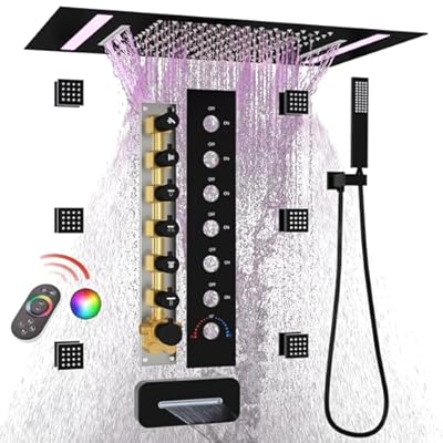 HOMEDEC LED Multi Functions Full Body Shower System with 6pcs Body Jets Spray with?Up/Down ?Shower Spout, Large 3 In 1 Functions 14x20inch Showerhead, Rainfall Mist Shower Faucet Set Complete, Black