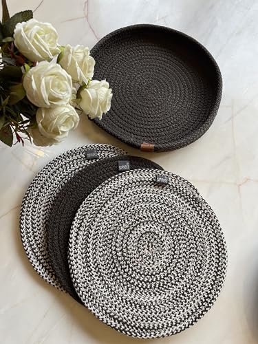 Image of Retro Polypropylene 3 Pc Round Trivet with Basket Holder | Braided Pot MAT, Side Table Mat, Machine Washable Small Place Mat for Casserole for Dining Table (9 inch Dia)
