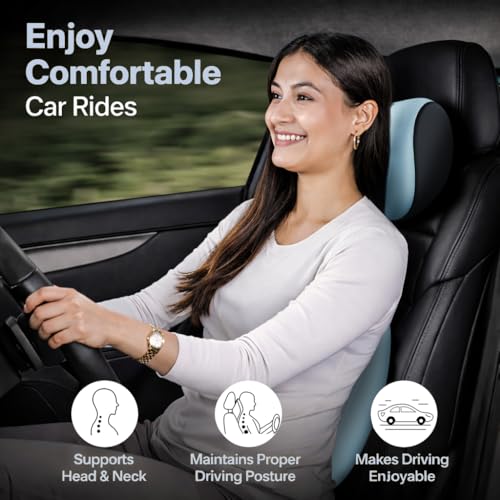 Image of Car Neck Rest Pillow & Lumbar Support Pillow - 100% Memory Foam Ultra Soft Car Seat Cushions | Relieves Neck & Back Pain While Reducing Driving Fatigue (Blue)