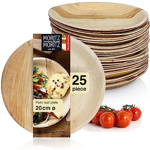 Moritz & Moritz 25x Disposable Palm Leaf Plates - Round Disposable Plates Ø 20cm - Biodegradable Compostable Eco Friendly Disposable Plates - Like Paper, Wooden or Bamboo Plates