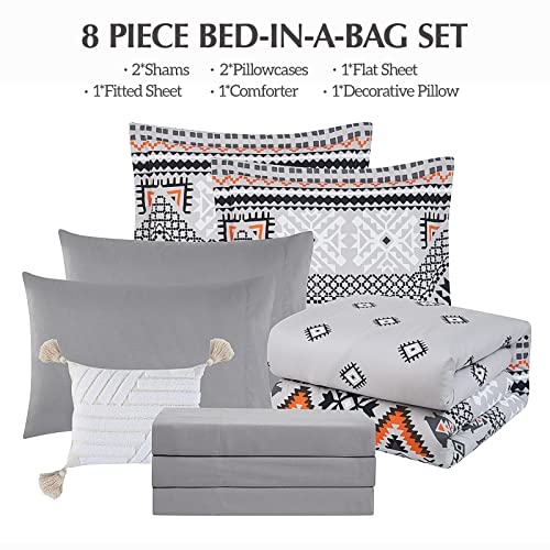 Casaagusto Queen Comforter Set, 8 Pieces Gray Orange Boho Comforter Set, Microfiber Cozy Bohomian Bedding Set With Decor Pillow, Lightweight Breathable For All Seasons #TOP5