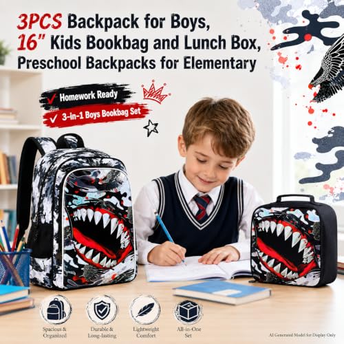 Image of 3Pcs Backpack for Boys, 16 inch Shark Kids Bookbag with Lunch Box, School Backpacks for Elementary Preschool Kindergarten (Black)