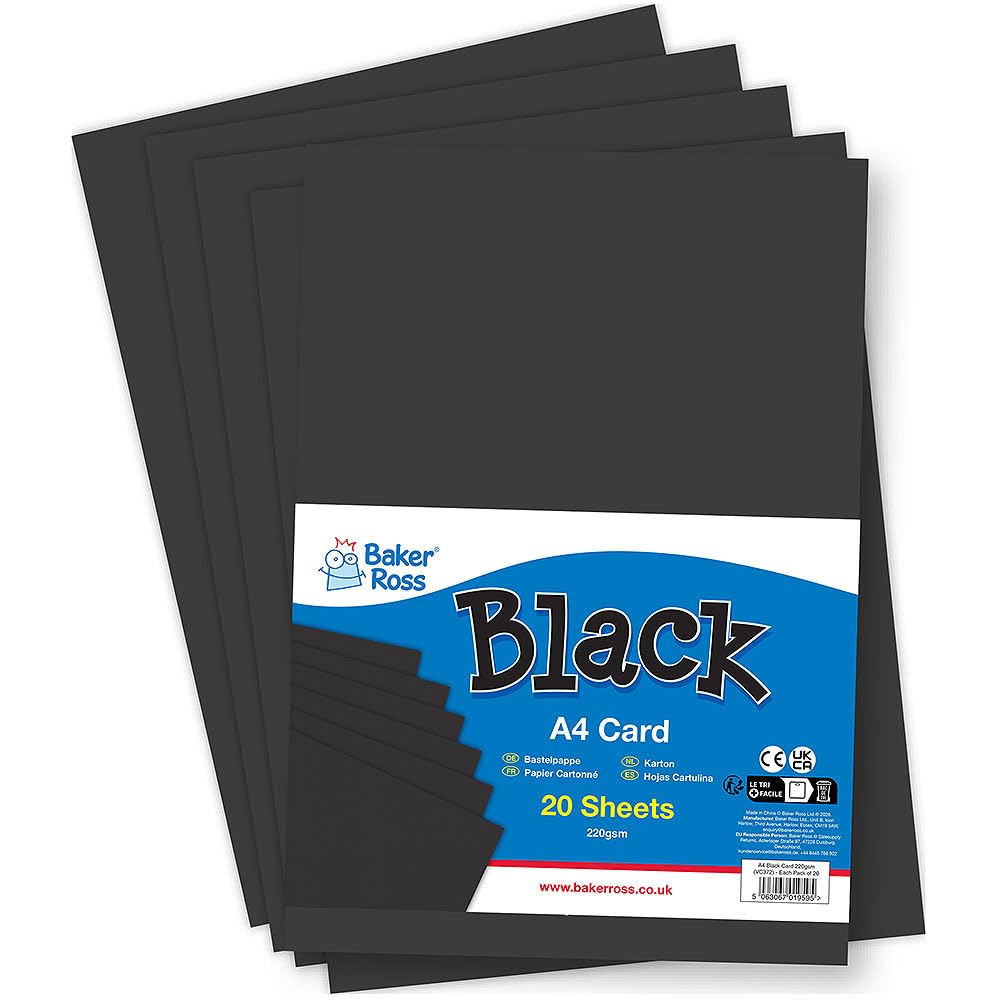 Baker Ross VC372 Schwarze A4-Karte, 220 g/m², 20er-Pack, schwarze Karte, Bastelkarte für Kinder