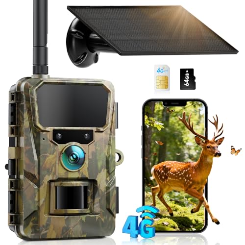 CEYOMUR 4G LTE Cellulaire Camera de Chasse, 48MP Caméra de Chasse Solaire avec Batterie 5200 mAh, Piege Photographique avec Carte TF 64 GB et Carte SIM, Alarme Instantanée Via APP, Stockage Cloud