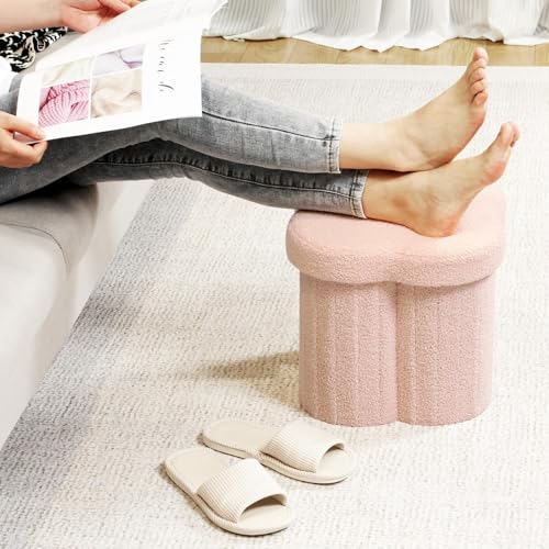 Image of B FSOBEIIALEO Storage Ottoman Cube, Flowers Shaped Ottomans with Storage Foot Stool Footrest for Lving Room, Boucle Ottoman Seat for Dorm Room,Faux Teddy Fur, Pink 12.6 inchx12.6 inchx12.6 inch