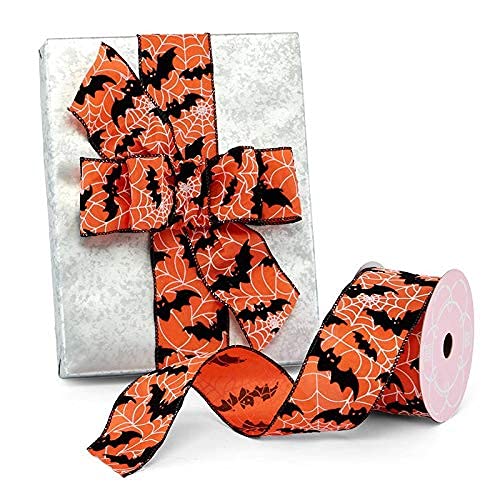 Image of Bats & Webs Halloween Wired Ribbon - 2 1 /2 inch x 10 Yards, Orange & Black, Bows, Wreath, Party Decor, Trick or Treat, Haunted House, Fundraiser, Classroom, Daycare