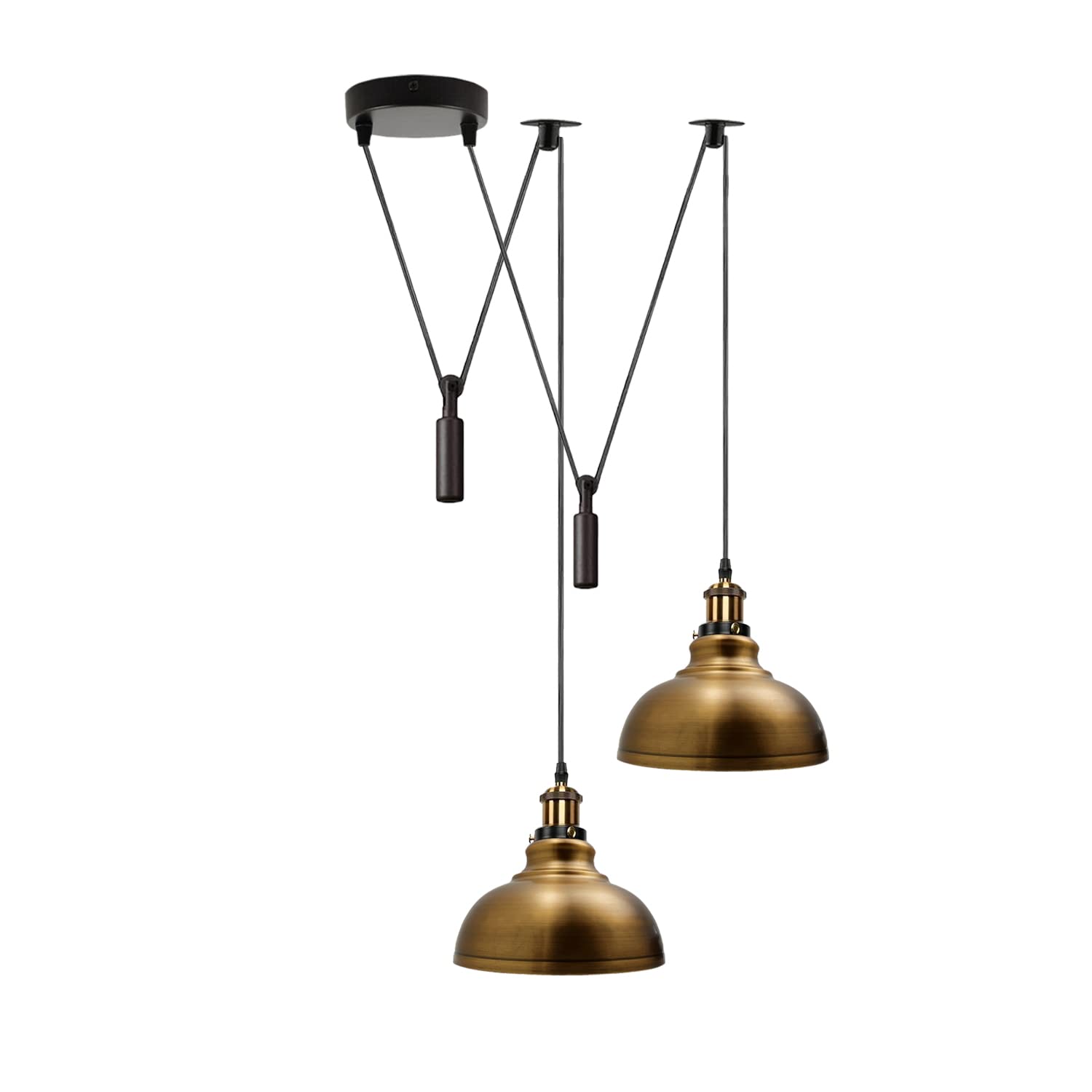 LEDSone Lampada a sospensione a forma di ragno a 2 teste, paralume in metallo da 29 cm, cavo regolabile da 195 cm, lampadina Edison vintage da 60 W E27 (Ottone giallo)
