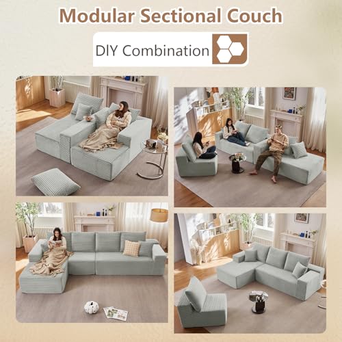 Image of 135.4 inch Modular Sectional Sofa, Modern Corduroy Cloud Couch with Deep Seat, Boneless Couch Upholstered 4-Seater L-Shaped Sofa for Living Room, No Assembly Required (Grey, Left-Facing Chaise)
