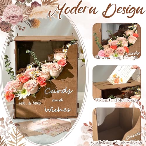 Image of OurWarm Brown Wedding Card Box with Wave Flower Trough, Wooden Gift Card Box for Wedding Decorations Reception, Wood Money Gift Boxes for Party Weddings Essentials Graduation Bridal Shower Decorations
