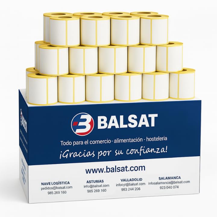 BALSAT Rollo de etiquetas termica adhesiva para balanzas, etiquetadoras zebra, etiquetas termicas, impresion termica profesional, 650 etiquetas/rollo - Caja 24 Rollos (57x45)