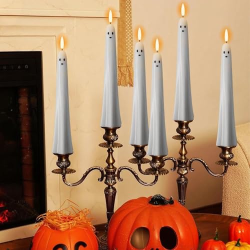 Image of Eldnacele Ghost Halloween Flameless Taper Candles Battery Operated with Remote Timer Set of 2 White LED Flickering Candle Real Wax 3D Wick Long Lasting Spooky Dinner Indoor Decor(0.79 inch D x 9.5 inch H)