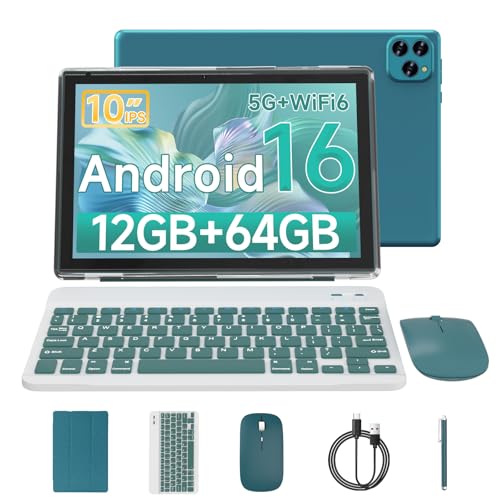 Vyrolinia Tablet Android 16 10 Inch 12GB RAM+64GB ROM/ 1TB Expandable, 1280 * 800 HD Touch Screen, 5G WiFi6 BT 5.0, 2 in 1 Tab with Keyboard Case Mouse Stylus(Navy Blue)