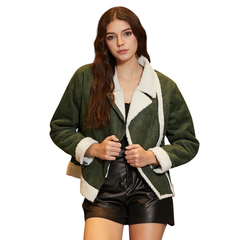 Image of Campus Sutra Women's Fleece-Lined Biker Jacket For Casual Wear | Spread Collar | Long Sleeve | Zipper Closure | Jacket Crafted With Comfort Fit For Everyday Wear