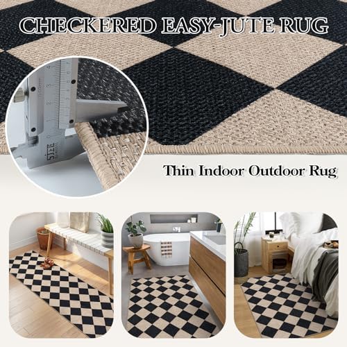 Lahome Checkered Easy Jute 3x5 Entryway Front Porch Rug, Black Diamond Indoor Outdoor Patio Layering Rug, Washable Farmhouse Neutral Non Slip Non Shedding Door Carpet for Backyard Blacony - 4