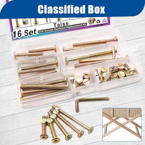 Taiss 16 Stück goldene Möbelschraube mit Zylindermuttern Set M6x40mm/50mm/60mm/70mm/80mm Babybett Schrauben, Bettschraube sechskant Kit,Flachkopfschrauben M6, hülsenschrauben für Babybetten.