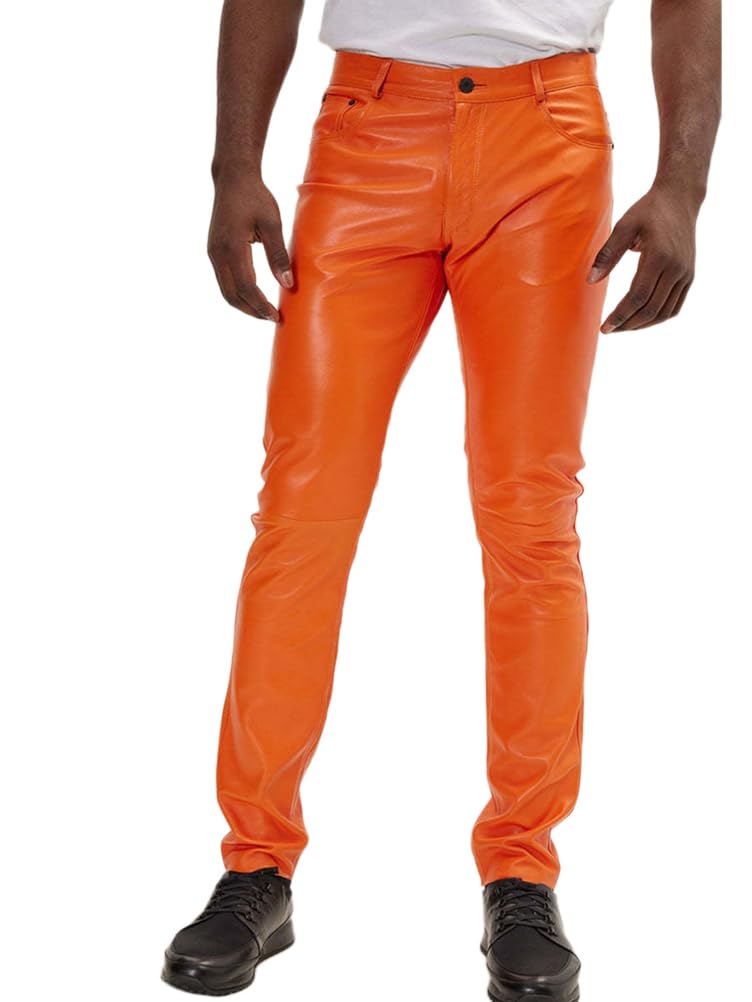 Pantaloni di Pelle Uomo Slim Fit Pantalone Moto Biker