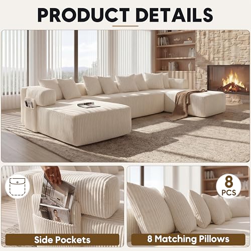 Image of Oversized Cloud Boneless Couch with Chaise, 146 inch Modern U Shape Modular Deep Seat Sectional Sofa, Comfy Corduroy Upholstered Couches for Living Room, No Assembly Required-Beige