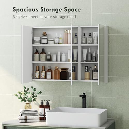 HOMCOM Medicine Cabinet with Mirror, Wall Mounted Bathroom Mirror Cabinet with 3 Doors and 4 Adjustable Shelves, 36" x 26", White - 3