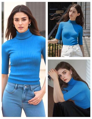 Image of v28 Women Turtleneck 1 /2 Half Sleeve Highly Stretchy Ribbed Knit Fitted Sweater