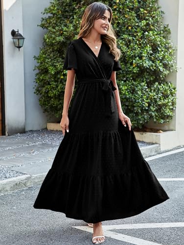 Image of MASCOMODA Women Boho Swiss Dot Maxi Dresses Wrap V Neck Flutter Short Sleeve Solid Tie Waist A Line Tiered Flowy Long Dresses