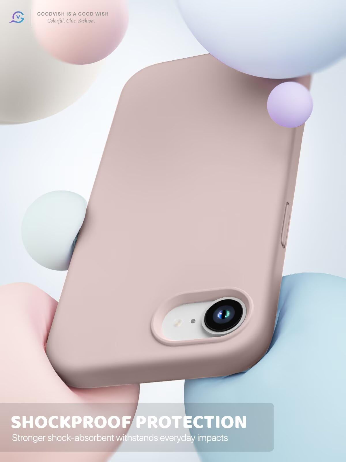 GOODVISH 3 in 1 Silicone Cover per iPhone 16e 6.1", Custodia con 2 Pellicola Vetro Temperato [Protezione Fotocamera] Protezione Anticaduta Case per Cellulare Antiurto Resistente, Rosa Sabbia