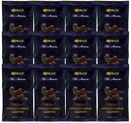 Alcoeats Flavored Cashews - Gluten Free, Vegetarian, Plant Based Protein - Sweet and Crunchy Snack on the Go for Adults and Kids - Premium Quality Flavored Nuts (Chocolate Espresso, 1.5 OZ (Pack of 12))