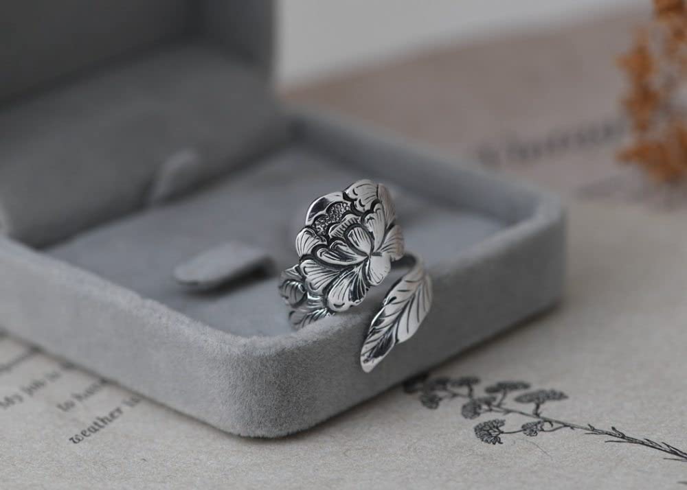 HGJH Anelli d'Argento,Anello Regolabile per Donna retrò Invecchiato Moda Peonia Fiore Incisione Anello per Dito Indice Eternità FEDI Nuziali Anelli di Promessa per Ragazze Signore
