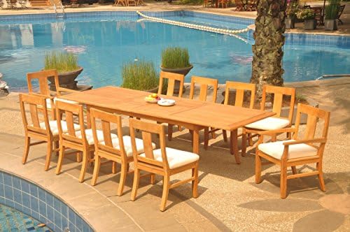 Grade-A Teak Wood 10 Seater 11 Pc Dining Set: 118" Double Extension Rectangle Table and 10 Osborne Chairs (2 Arm & 8 Armless Chairs) #WFDSOS91