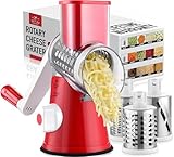 Zulay Kitchen Cheese Grater Hand Crank, Grater For Kitchen With Reinforced Suction - Rotary Cheese Grater With 3 Replaceable Stainless Steel Blades - Easy to Use & Clean - Vegetable Cutter - Red