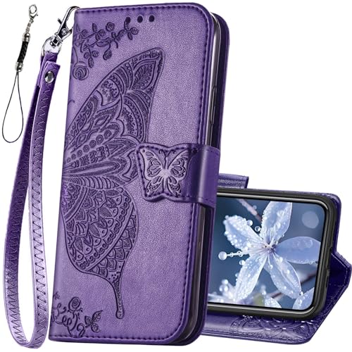 KRHGEIK for iPhone 12 Pro/iPhone 12 Wallet Case Women Flip Folio Cover with Butterfly Embossed PU Leather Kickstand Credit Card Holder Slots Wrist Strap for iPhone 12/12 Pro 6.1 inch (Purple)