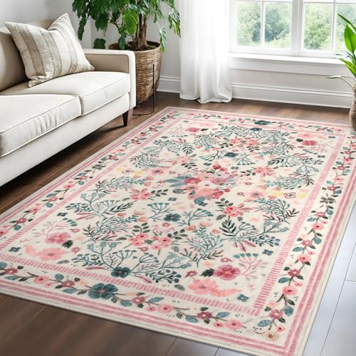 Image of SILOLOOM Rugs for Living Room 5x7, Pink Boho Thin Washable Non-Slip Area Rugs for Bedroom Girls, Soft Floral Low-Pile Nursery Carpet for Dining Room Kids Room Playroom Indoor, Pink/Multi