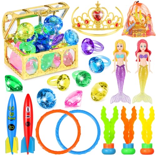 VGOFUN Diving Pool Toys for Kids Ages 3-12, 21 Pcs Mermaid Pool Toys with Golden Pirate Treasure Chest, Summer Underwater Game Toys Pool Dive Torped Rings Gems Swim Toy with Storage Bag for Girls Boys