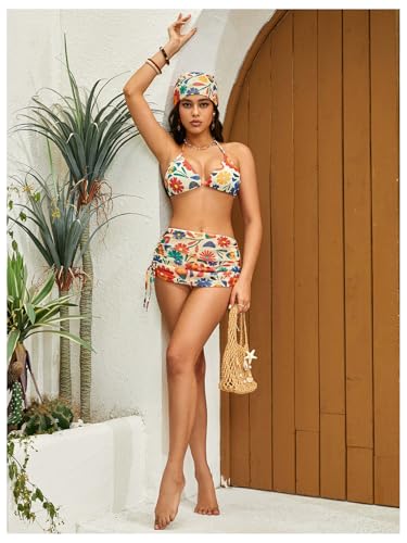 Image of RoseSeek Women's 4 Piece Polka Dots Bathing Suits Cover Up Skirt & Bandana