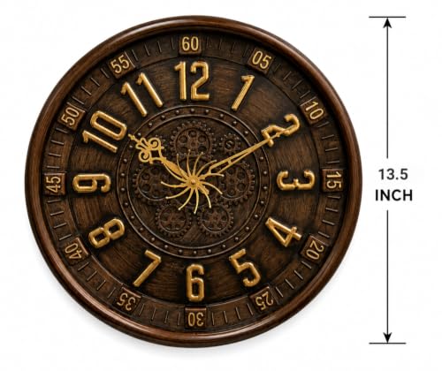 Image of Big Size Designer Wall Clock 13.5 Inch for Living Room Gear Design Seconds Needle | Unique Wall Watch for Bedroom, Office, Kitchen, Hall| No TIK-TIK Decorative Clock for Home Decor.(Brown)