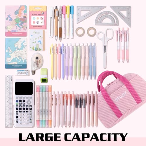Image of EASTHILL Corduroy Hand-held Pencil Case Large Cute Pencil Pouch Stationery Pen Bag for Teen Girls-Pink