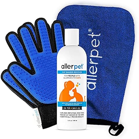 Allerpet Cat Dander Remover w/Free Pair of Grooming Gloves and Mitt - Effective Cat Dander Reduction, Anti Allergen Solution Made in USA - (12oz) Cover