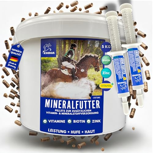 EMMA Mineralfutter für Pferde – Biotin Zink Selen & Magnesium hochdosiert – Mineralien & Vitamin-Komplex mit Bierhefe für Hufwachstum Fellwechsel Haut Muskulatur Pellets + Amino Paste (5kg + 2×30ml)