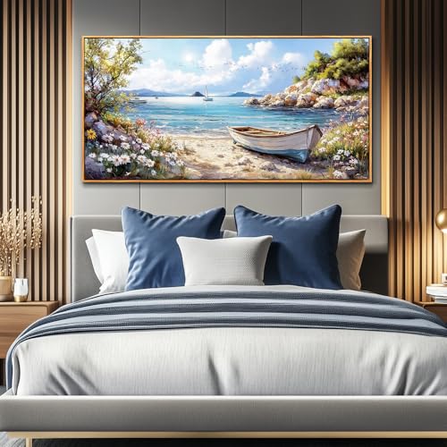 PHAOHUAXM Large Canvas Wall Art For Living Room Wall Decor For Bedroom Office Decor Print Marine Landscape Paintings Artwork Modern Stretched and Framed Beach Posters Home Decor 30"X60" Wood Framed