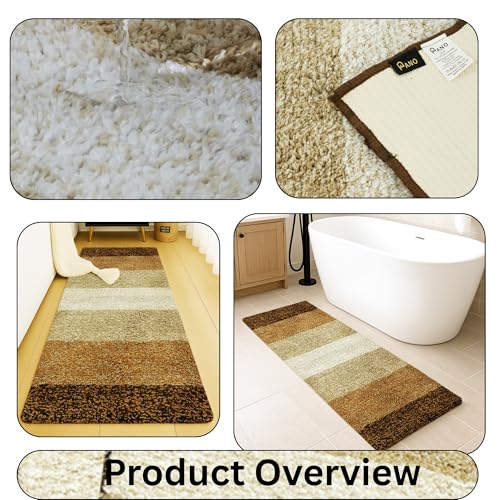Image of Pano Textured Striped Runner Rug 45x130 cm Brown | Anti-Skid, Super Soft & Ultra Absorbent Floor Runner | Quick Dry & Washable Runner for Bathroom, Kitchen, Bedroom & Living Room