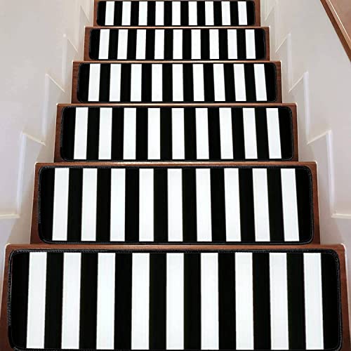 Stair Treads Carpet Runners For Wooden Steps Indoor Striped Black And White Rubber Non Slip Stair Runner Rug Mats Kids Dogs Outdoor Step Covers 13Pcs, 30 Inches X8 Inches X0.3 Inches -13Pcs #TOP7