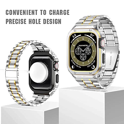 MioHHR Stainless Steel Watch Band with Case Compatible for Apple Watch Bands 45 mm,Rugged Strap with Metal Protective Bumper Cover for iWatch Series 9/8/7 for Men(Silver/Gold) - Image 3