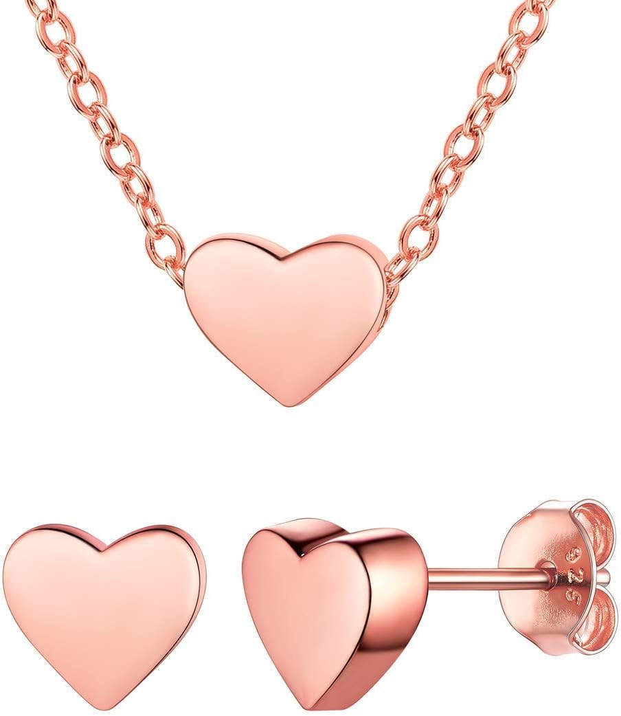 ChicSilver Rose Gold Plated Sterling Silver Dainty Small Heart Pendant Necklace and Stud Earrings Jewelry Set for Women Girls