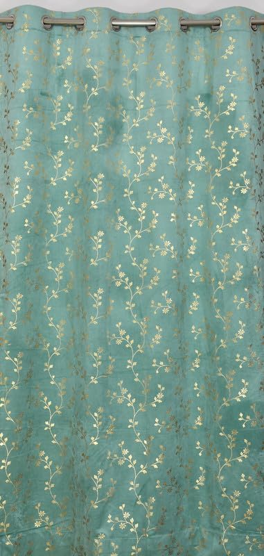 Image of Heavy Velvet Fabric Luxury Looks Room Darkening Floral Designer Curtains 5 Feet for Window, Aqua Island, Pack of 2 Pieces