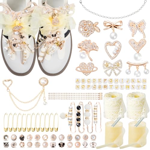 RQAYE 178 Pcs Shoe Charms for Sneakers,Junk Socks Charms Kit with Pearls, Lace Shoelaces, Cute Shoelace Accessories for Decorating, Sock Jewelry Charms pins