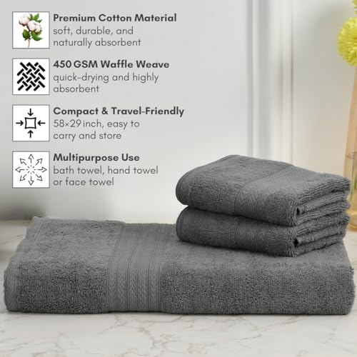Image of Mafatlal Joy Cotton Bath Towel Set - 1 Large Towel + 2 Hand Towels | 58 x 29 inch + 24 x 12 inch | Soft & Highly Absorbent | 450 GSM | Titaan | Perfect for Men & Women